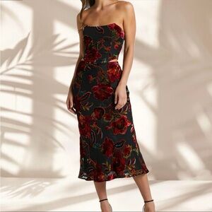 NATACHIA TWO PIECE SET - CORSET TOP AND MIDI SKIRT BURNOUT SET IN BLACK FLORAL